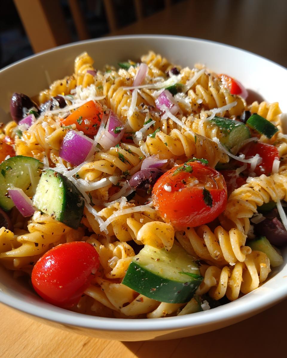 Bowl of pasta salad, a quick and easy summer dinner recipes, with tomatoes, cucumbers, olives, and red onion.