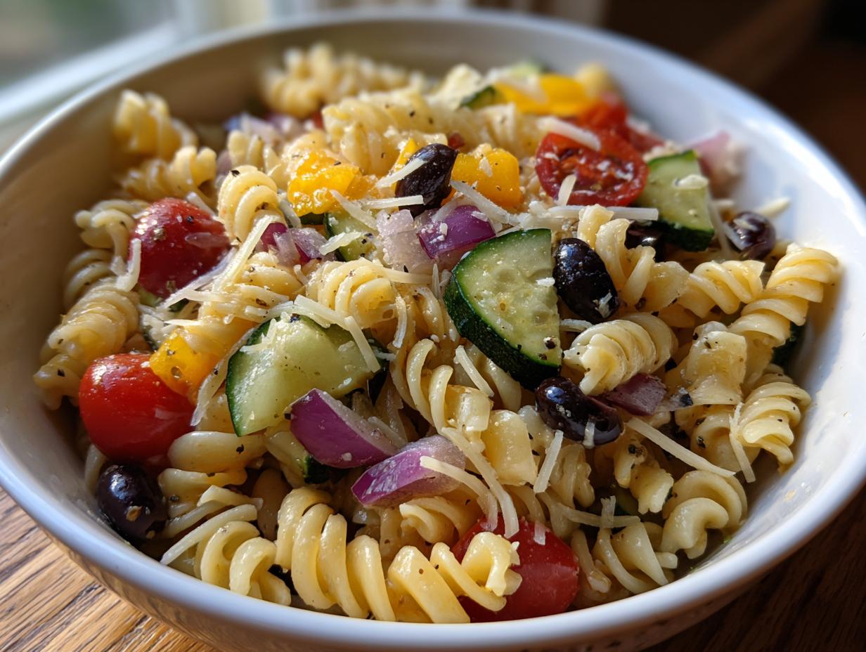 Bowl of pasta salad, a quick and easy summer dinner recipe, with tomatoes, zucchini, olives, and red onion.
