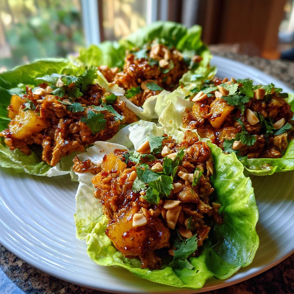 Three Sweet Chili Pineapple Chicken Lettuce Cups on a white plate, garnished with cilantro and peanuts.