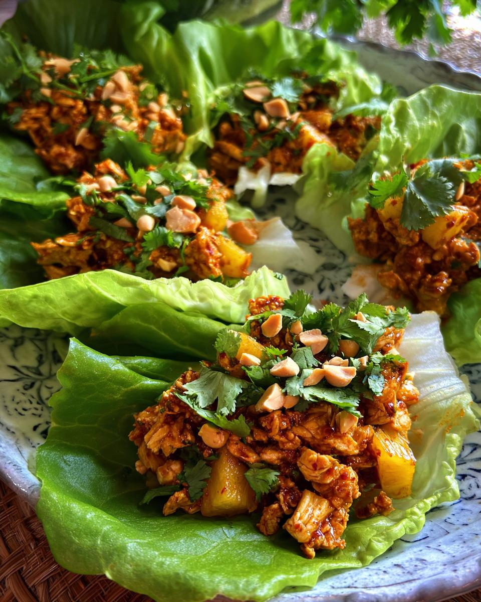 Close-up of Sweet Chili Pineapple Chicken Lettuce Cups garnished with peanuts and cilantro.