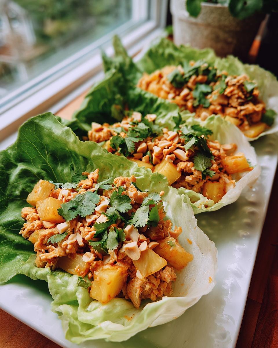 Three Sweet Chili Pineapple Chicken Lettuce Cups garnished with cilantro and peanuts on a white plate.