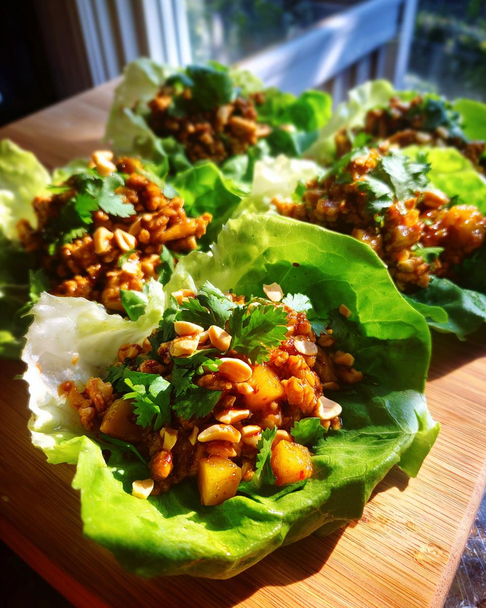 Close-up of Sweet Chili Pineapple Chicken Lettuce Cups, garnished with cilantro and peanuts.