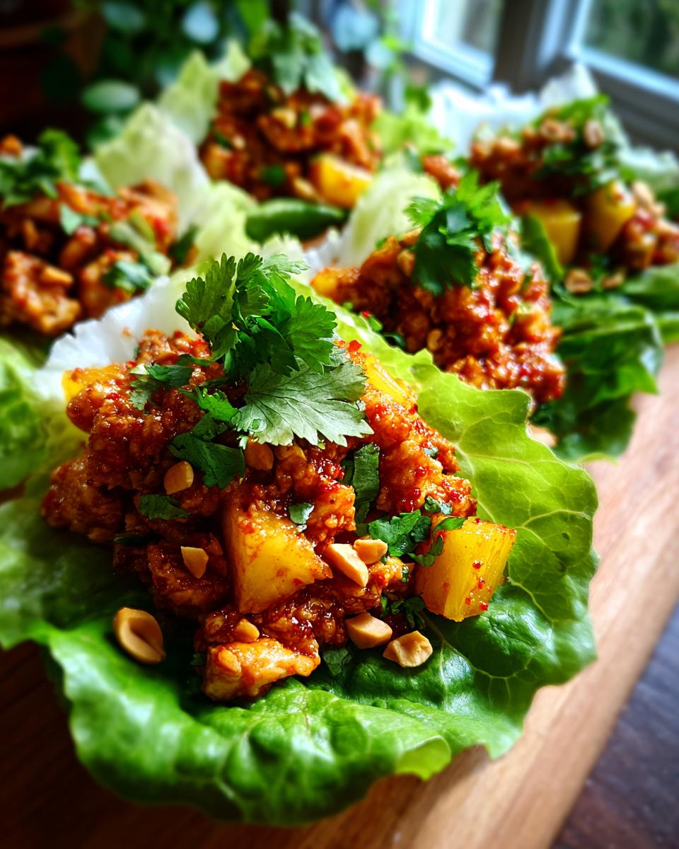 Close-up of Sweet Chili Pineapple Chicken Lettuce Cups topped with cilantro and peanuts.