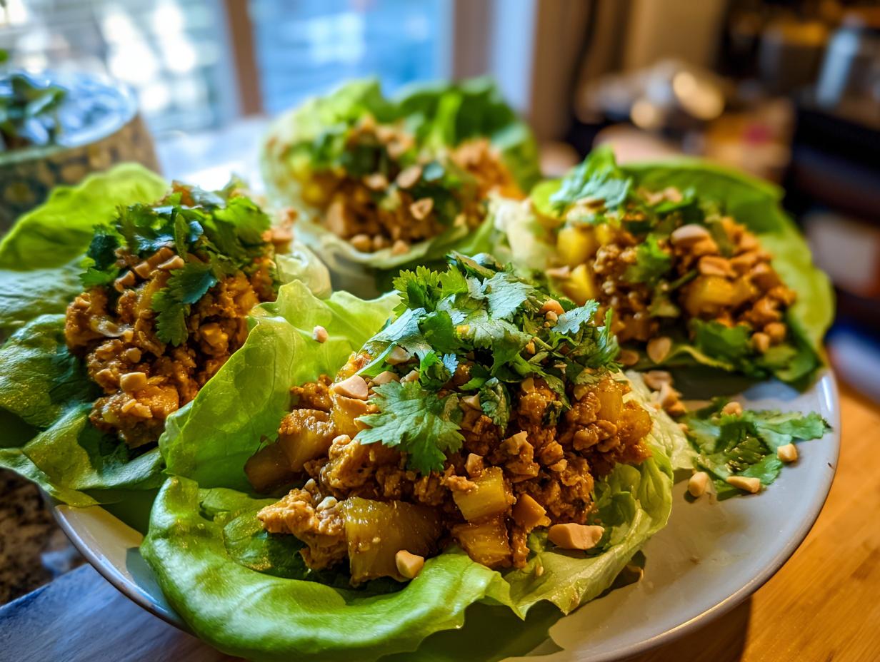 Four Sweet Chili Pineapple Chicken Lettuce Cups on a plate, garnished with cilantro and peanuts.