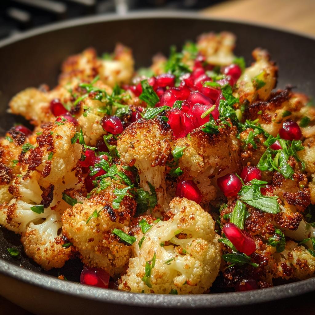 Close-up of Tahini-Roasted Cauliflower Pomegranate Herbs in a skillet, showing the golden-brown cauliflower florets.
