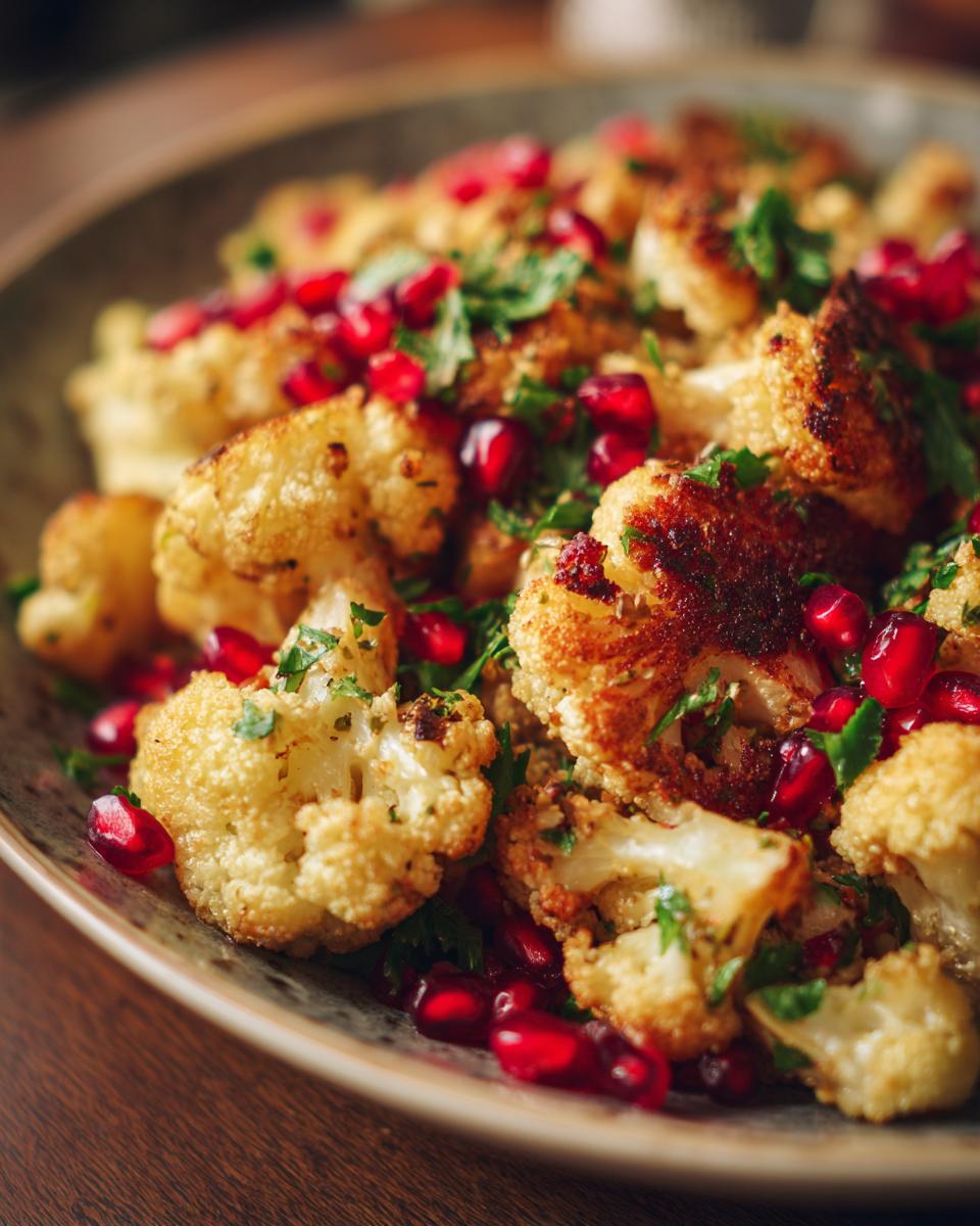 Close-up of Tahini-Roasted Cauliflower Pomegranate Herbs on a plate, showing roasted cauliflower florets, pomegranate seeds, and fresh herbs.