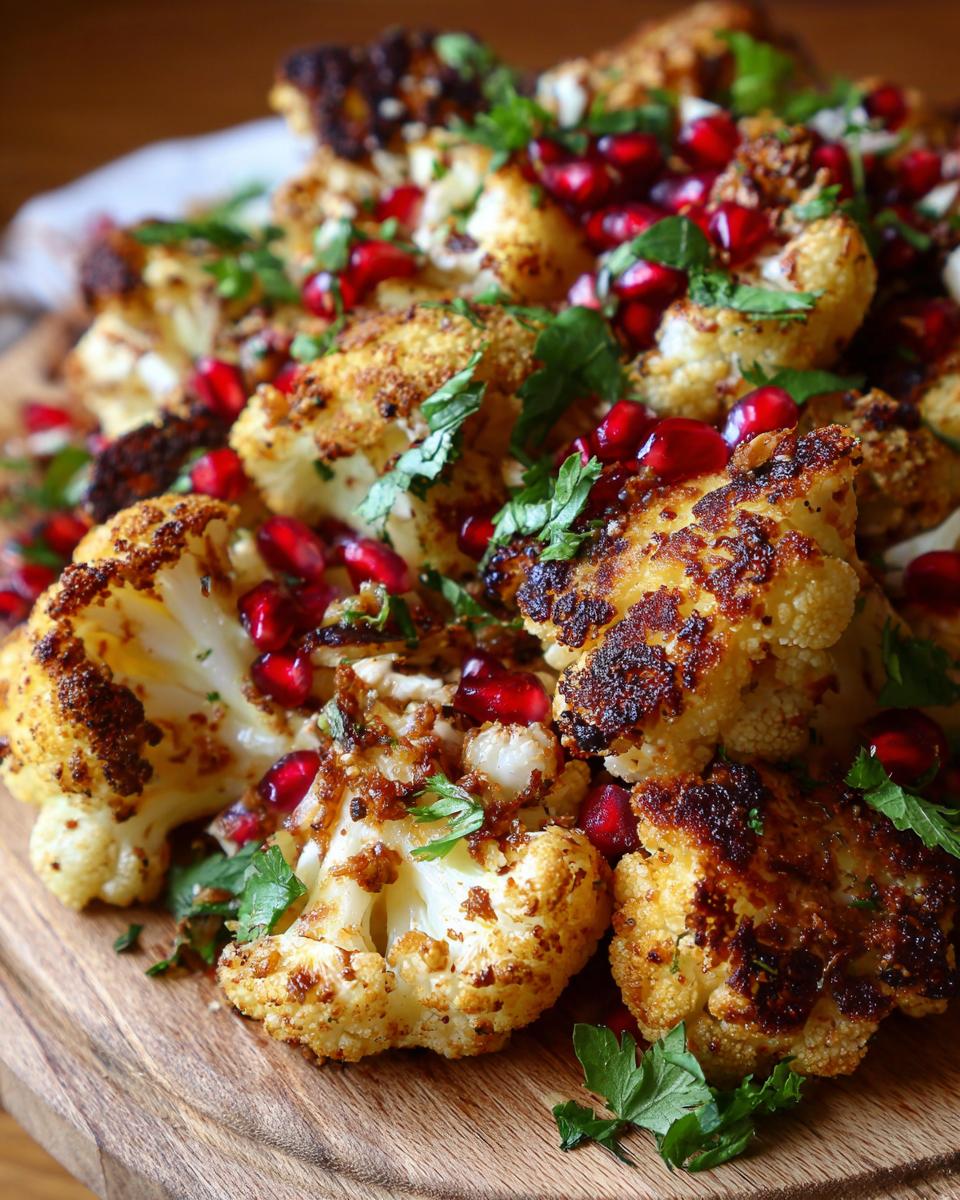 Close-up of Tahini-Roasted Cauliflower Pomegranate Herbs on a wooden board, garnished with fresh herbs.