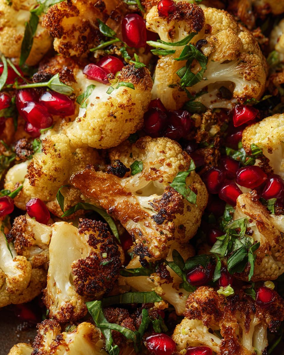 Close-up of Tahini-Roasted Cauliflower Pomegranate Herbs, showing roasted cauliflower florets with pomegranate seeds and fresh herbs.