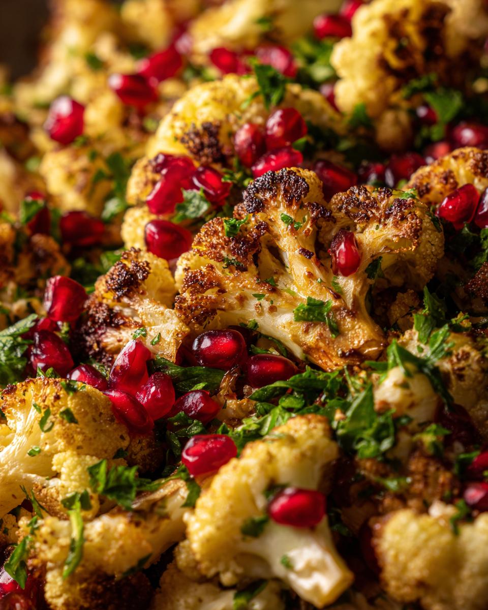 Close-up of Tahini-Roasted Cauliflower Pomegranate Herbs, showing roasted florets, bright pomegranate seeds, and fresh herbs.