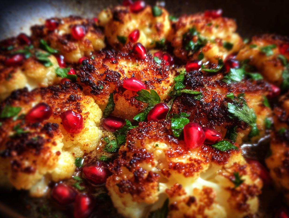 Close-up of Tahini-Roasted Cauliflower Pomegranate Herbs, showing roasted cauliflower florets with pomegranate seeds and fresh herbs.