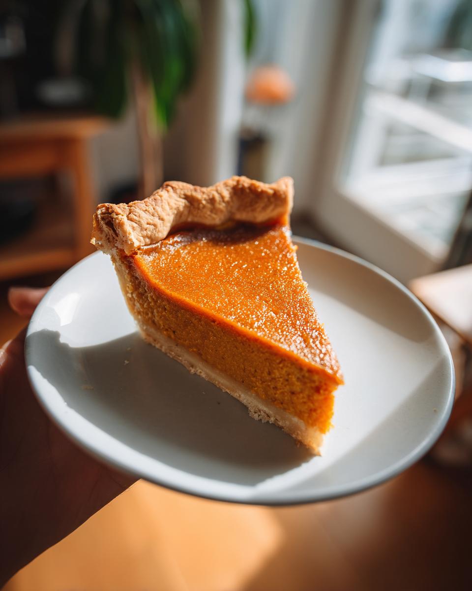 A slice of pumpkin pie, a classic thanksgiving desserts, on a white plate held in someone's hand.