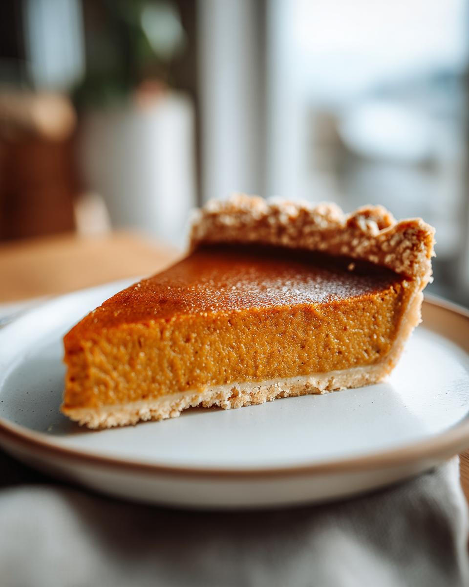 A slice of pumpkin pie, a classic thanksgiving desserts, on a white plate with a flaky crust.