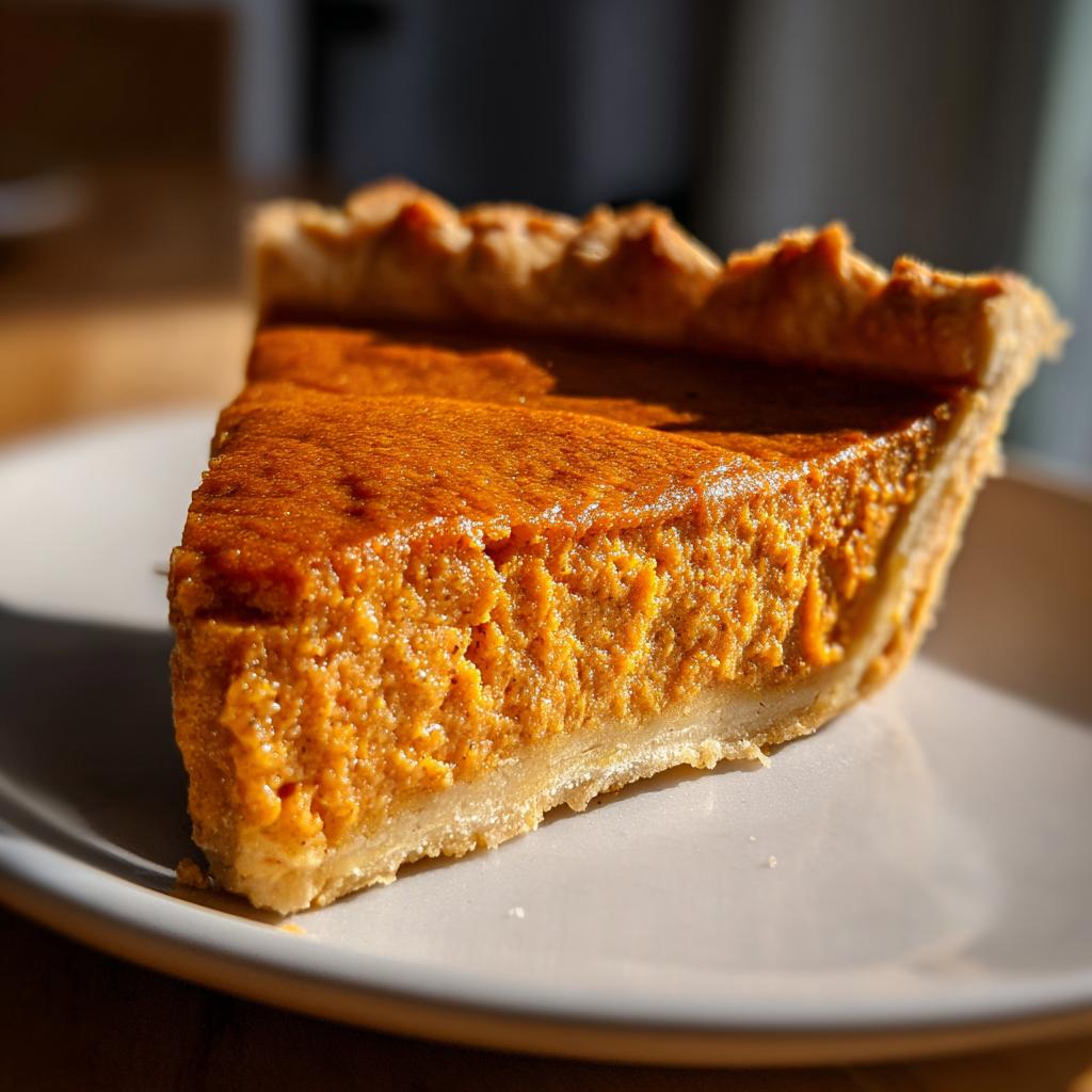 A slice of pumpkin pie, a classic Thanksgiving desserts, on a plate with a flaky crust.