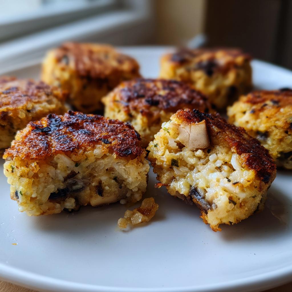 Close-up of Truffle Mushroom Parmesan Risotto Cakes on a white plate, one broken open to show the inside.