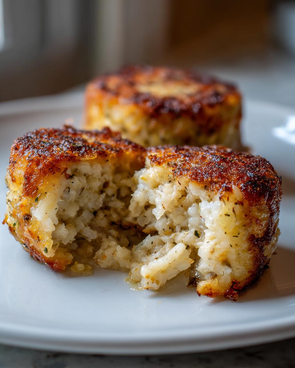 Close-up of a halved Truffle Mushroom Parmesan Risotto Cake on a white plate, showing the texture and crispy crust.