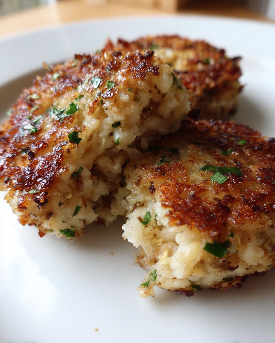 Close-up of crispy Truffle Mushroom Parmesan Risotto Cakes on a white plate, garnished with parsley.
