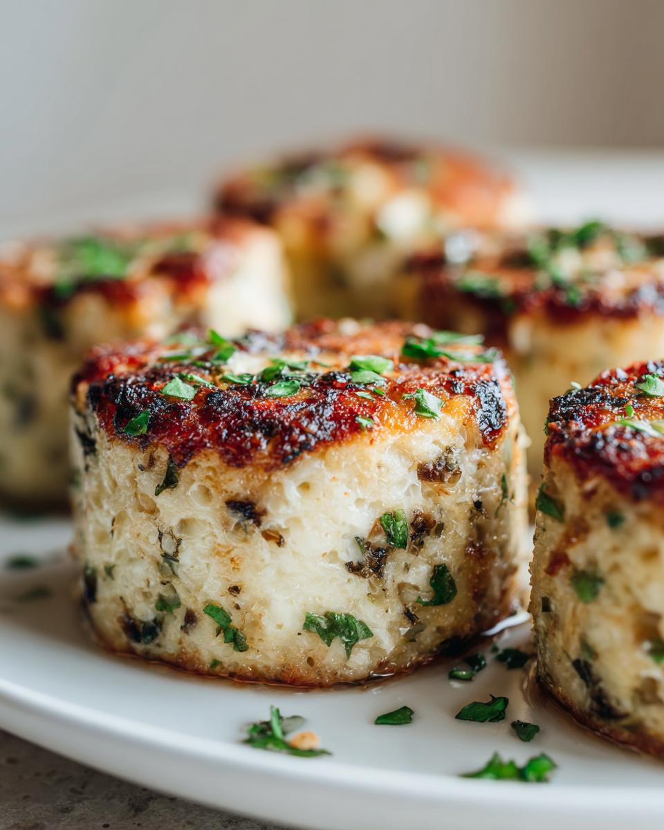 Close-up of Truffle Mushroom Parmesan Risotto Cakes on a white plate, garnished with fresh herbs.