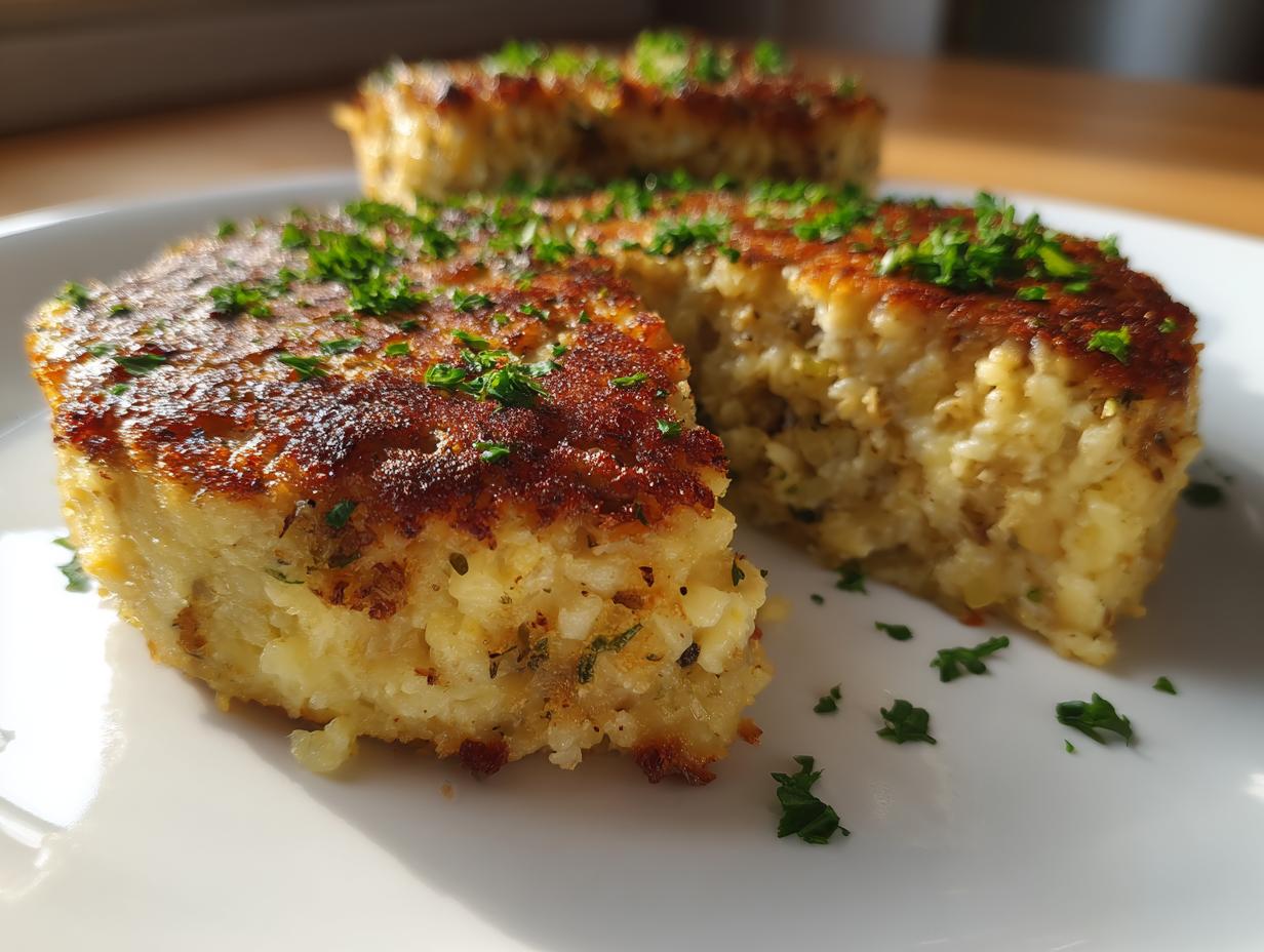 Close-up of golden-brown Truffle Mushroom Parmesan Risotto Cakes on a white plate, garnished with fresh parsley.