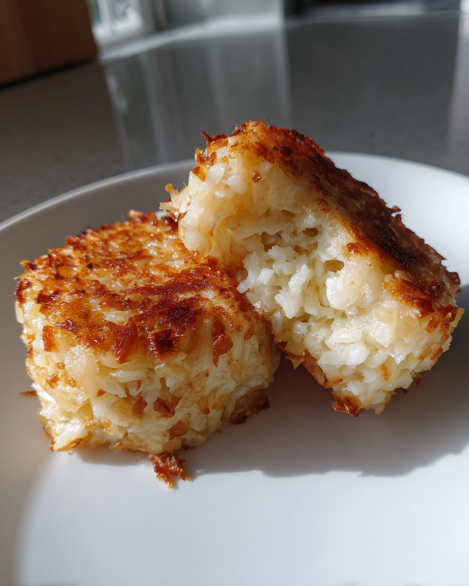 Close-up of a Truffle Mushroom Parmesan Risotto Cake, split open to show the texture.