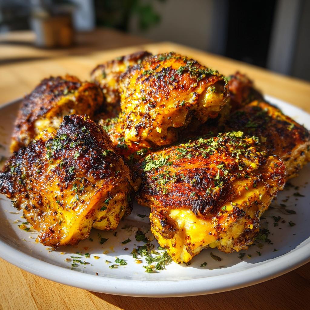 Close-up of Turmeric Lemon Yogurt Chicken Thighs Herb on a white plate, seasoned and ready to eat.