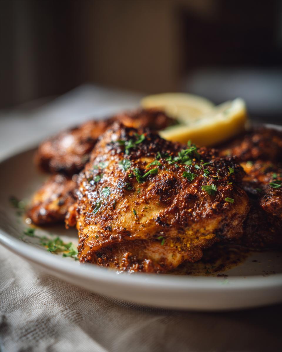 Close-up of Turmeric Lemon Yogurt Chicken Thighs Herb on a plate with a lemon wedge and parsley.
