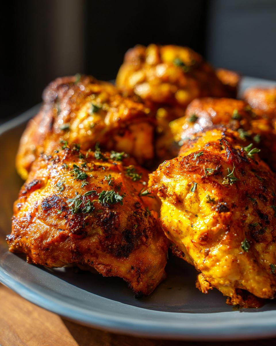 Close-up of Turmeric Lemon Yogurt Chicken Thighs Herb, plated and garnished with fresh herbs.
