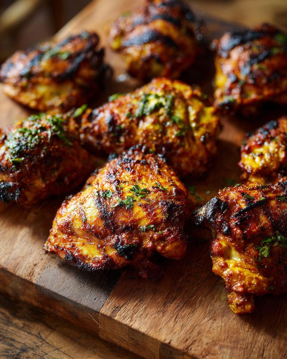 Grilled Turmeric Lemon Yogurt Chicken Thighs Herb on a wooden board, ready to serve.