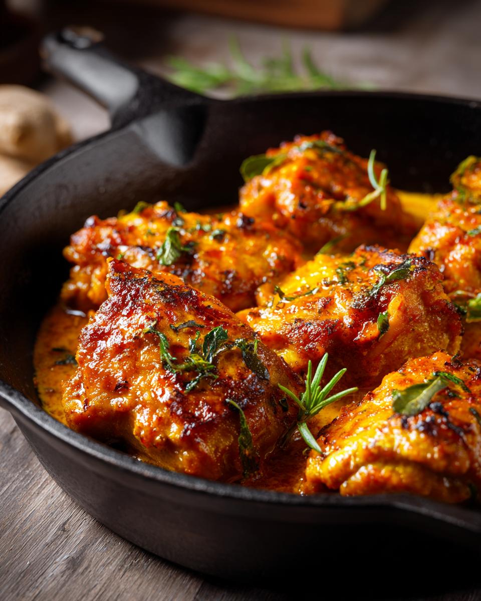 Close-up of Turmeric Lemon Yogurt Chicken Thighs Herb in a cast iron pan, garnished with fresh herbs.