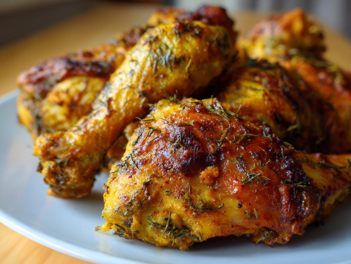 Close-up of golden-brown Turmeric Lemon Yogurt Chicken Thighs Herb, seasoned and plated.