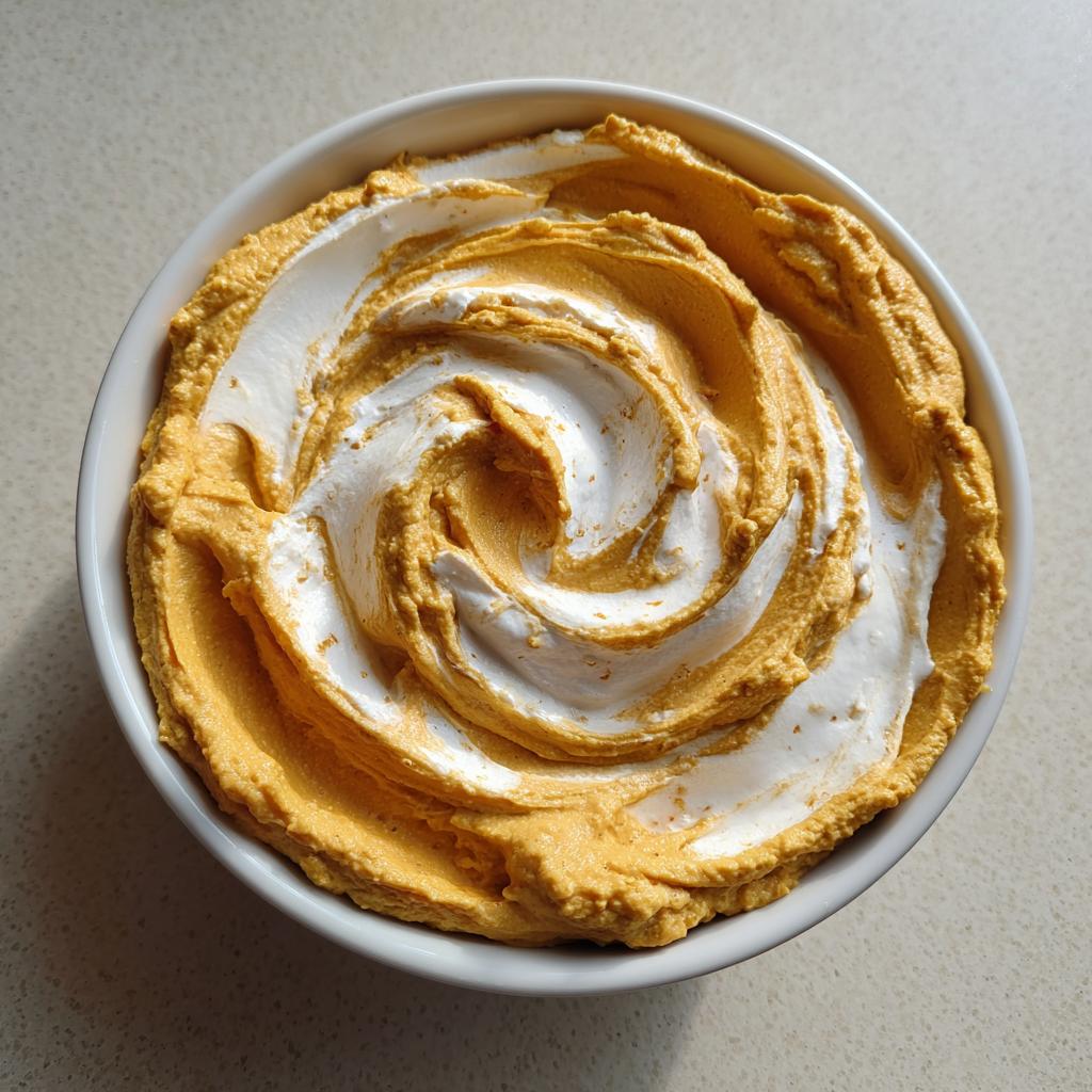 Overhead view of Whipped Feta Pumpkin Hummus Swirl in a white bowl, showing the swirl pattern.