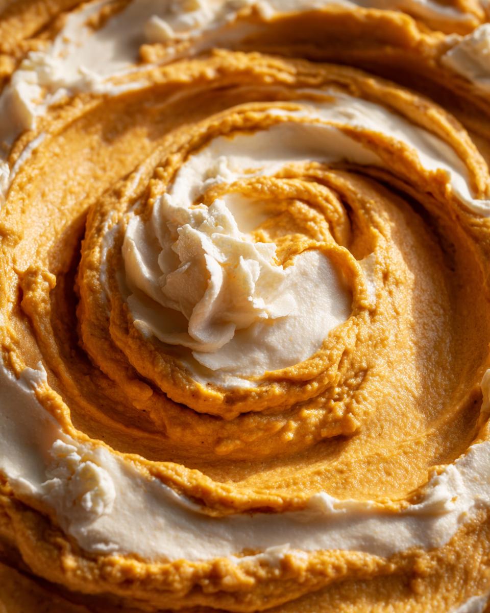 A close-up of Whipped Feta Pumpkin Hummus Swirl, showing the texture and swirl pattern of the hummus and feta.