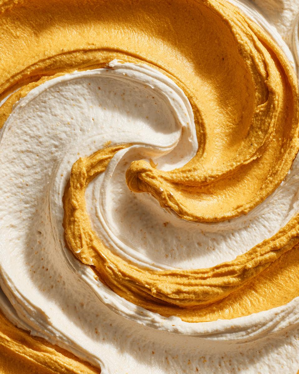 Close-up of Whipped Feta Pumpkin Hummus Swirl, showing the creamy texture and vibrant colors.
