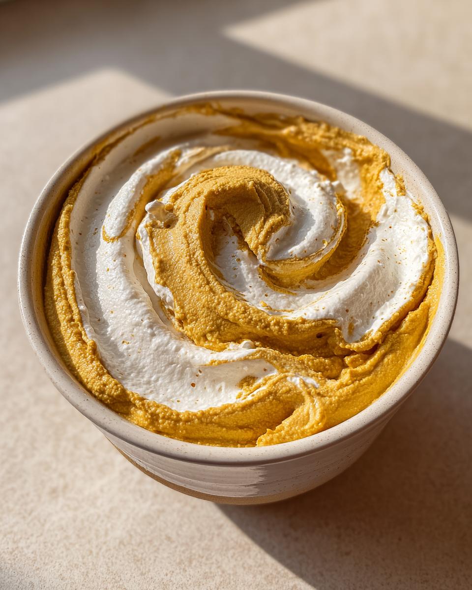 A bowl of Whipped Feta Pumpkin Hummus Swirl with a decorative swirl pattern.