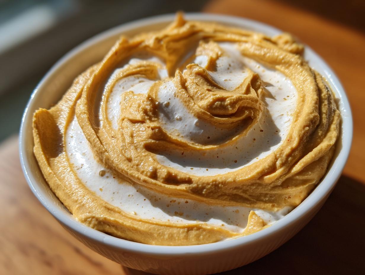 Close-up of Whipped Feta Pumpkin Hummus Swirl in a white bowl, showing the creamy texture and swirl pattern.