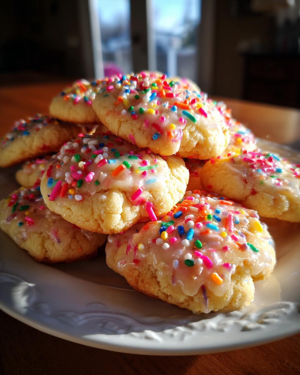 A stack of delicious 3-ingredient new years cookies, topped with white icing and colorful sprinkles.