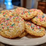 A close-up of a plate of freshly baked 3-ingredient New Years cookies, drizzled with icing and colorful sprinkles.