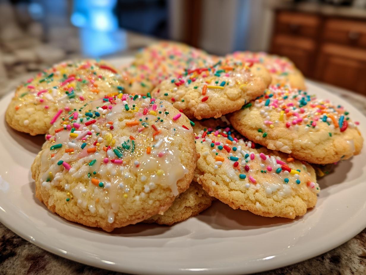 A close-up of a plate of freshly baked 3-ingredient New Years cookies, drizzled with icing and colorful sprinkles.