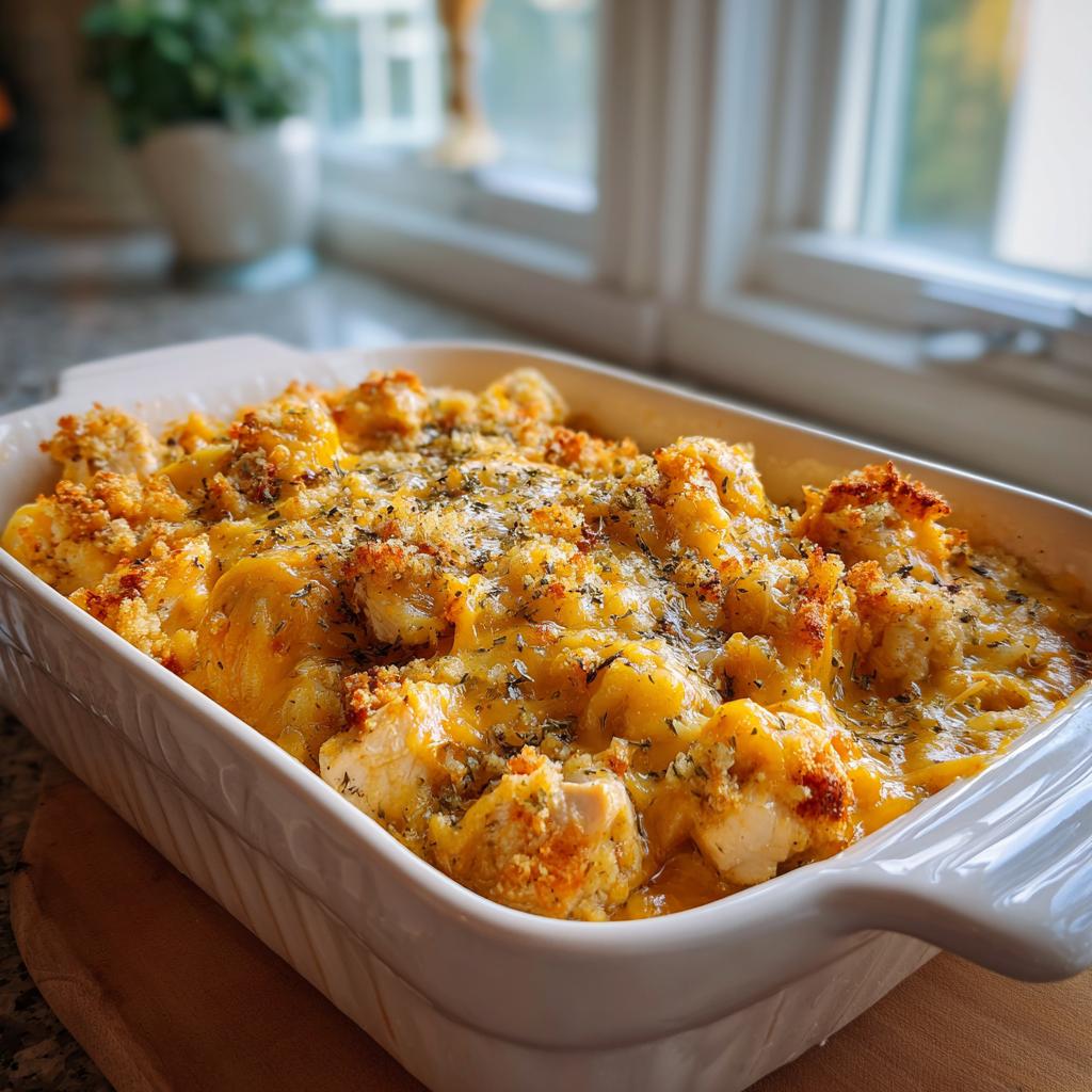 A golden-brown baked 5-ingredient chicken casserole in a white baking dish, topped with melted cheese and herbs.