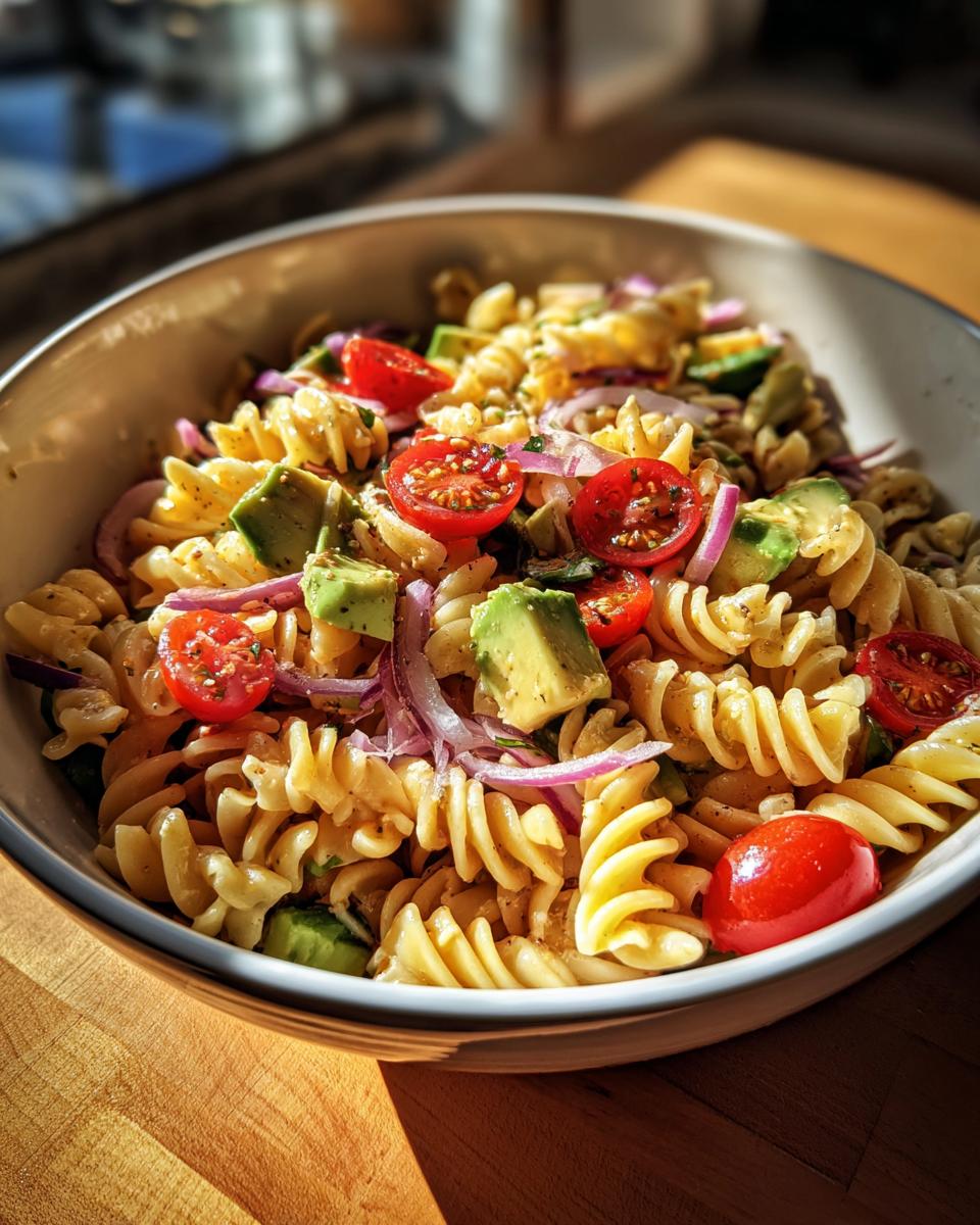 Close-up of a vibrant pasta salad with fusilli, cherry tomatoes, avocado, and red onion, showcasing a beautiful cooking aesthetic.