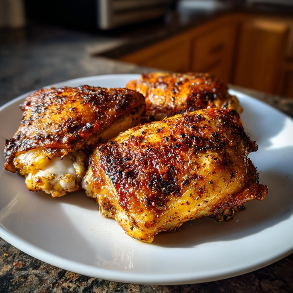 Three perfectly cooked, crispy air fryer chicken thighs seasoned with spices, served on a white plate.