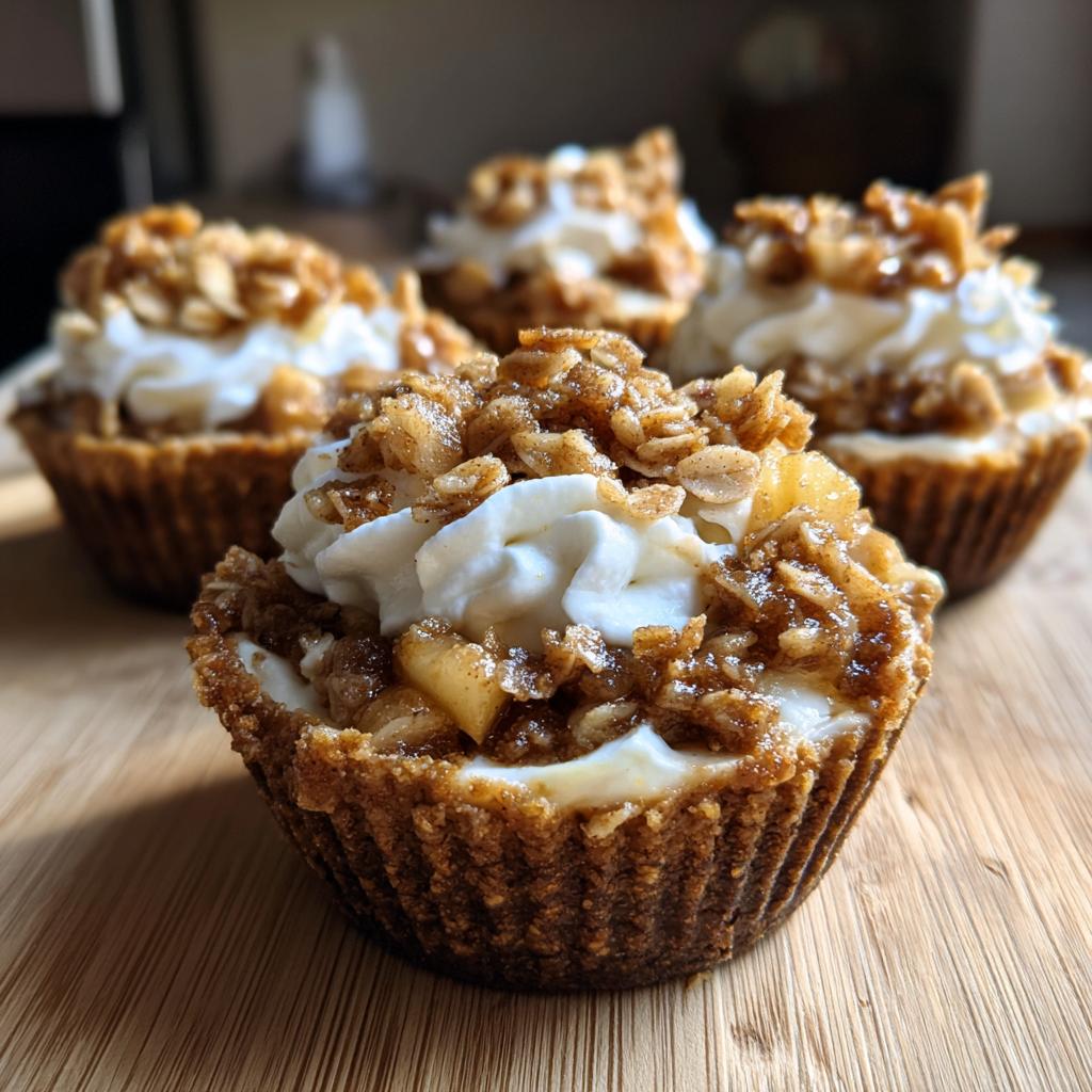 Close-up of several apple crisp mini cheesecakes topped with whipped cream and crumble.