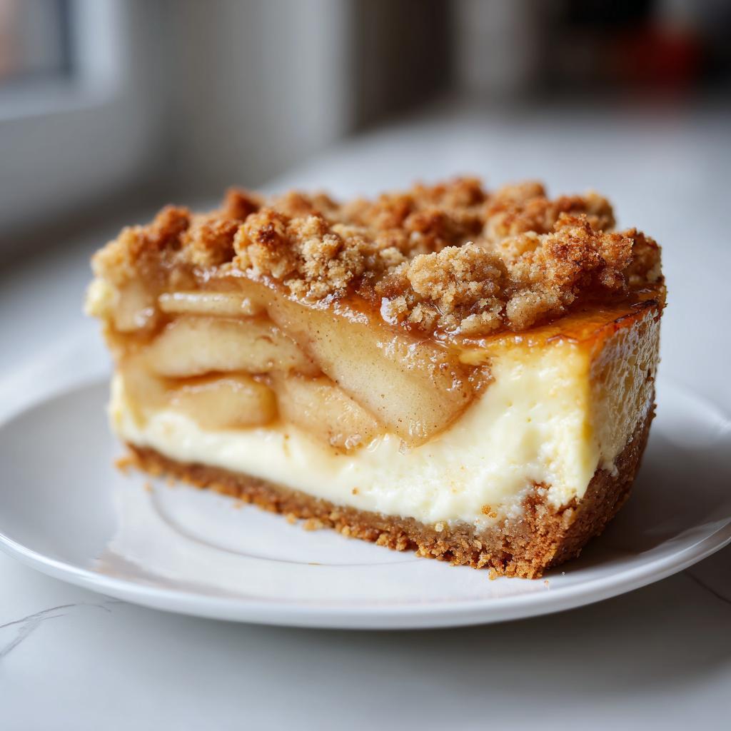 A tempting slice of apple crumble cheesecake on a white plate, featuring a creamy cheesecake base, baked apples, and a crunchy crumble topping.