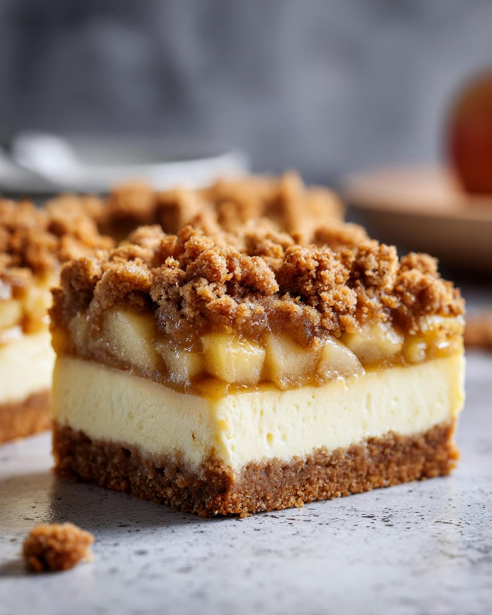 A close-up of a slice of apple crumble cheesecake, featuring a graham cracker crust, creamy cheesecake filling, and a topping of spiced apples and crumble.