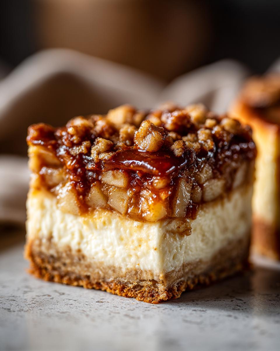 A close-up of a slice of apple crumble cheesecake, featuring a creamy cheesecake layer, a graham cracker crust, and a topping of spiced apples and crumble.