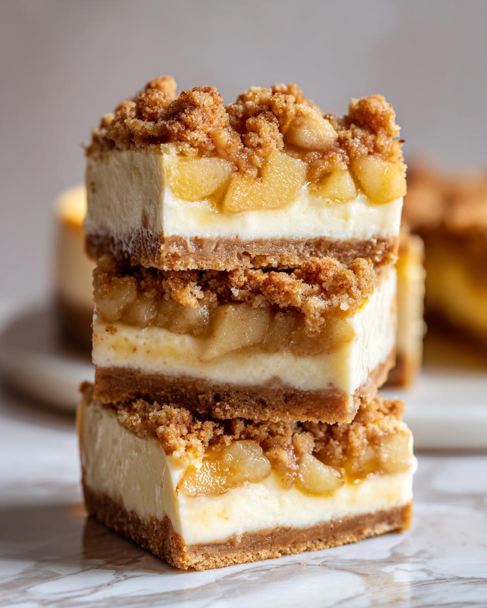 A stack of three irresistible apple crumble cheesecake slices, showcasing the creamy cheesecake, apple filling, and crumb topping.