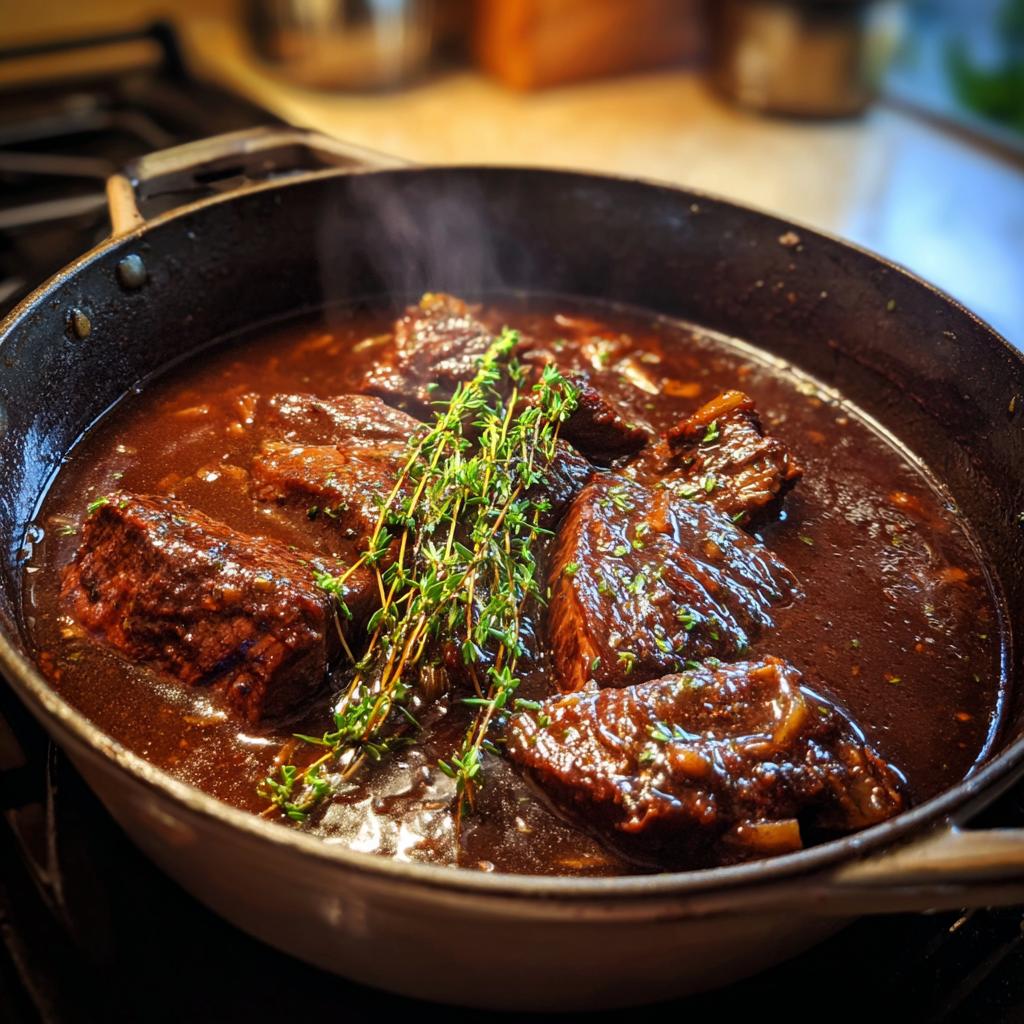 Close-up of tender beef chunks simmering in a rich au jus sauce, garnished with fresh thyme sprigs.
