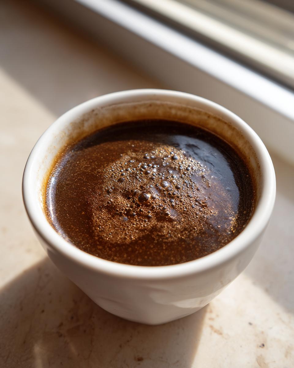 A close-up of a white cup filled with rich, dark coffee, showing a frothy surface. This image represents the au jus recipe easy.