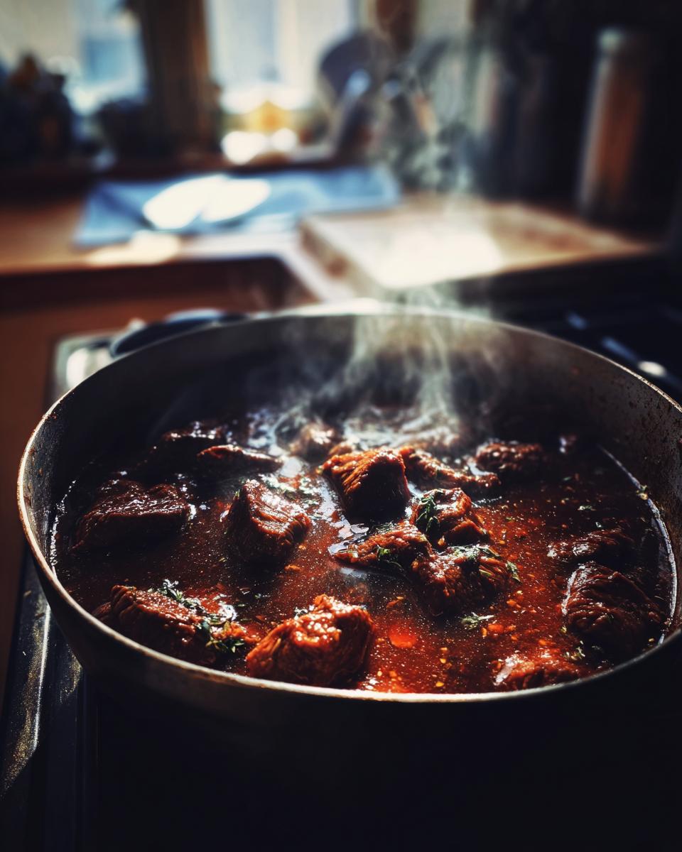 Close-up of tender beef chunks simmering in a rich, dark au jus sauce, with steam rising.