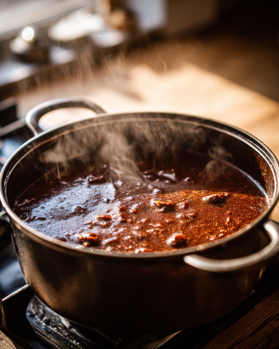 A pot of rich, dark au jus simmering on a stovetop, with steam rising.