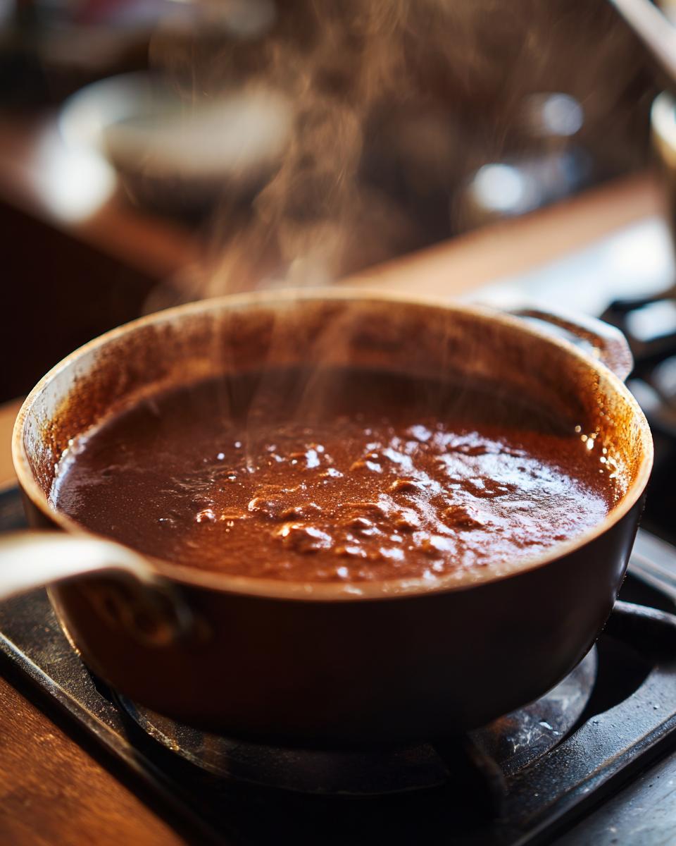 A pot of rich, dark au jus simmering on a stovetop, with steam rising.